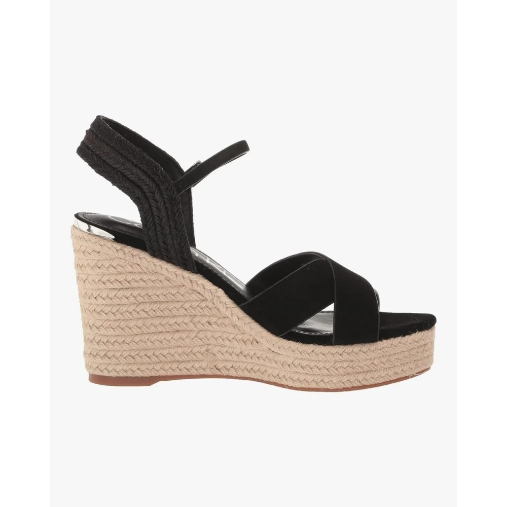 CALVIN KLEIN ELORY Suede LEATHER Cross Strap Espadrille Wedge Sandal 9.5 M BLACK